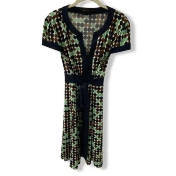 BCBG MaxAzria Women's Size Medium Green and Blue Polka Dot Dress With Tie Sash - Picture 5 of 6